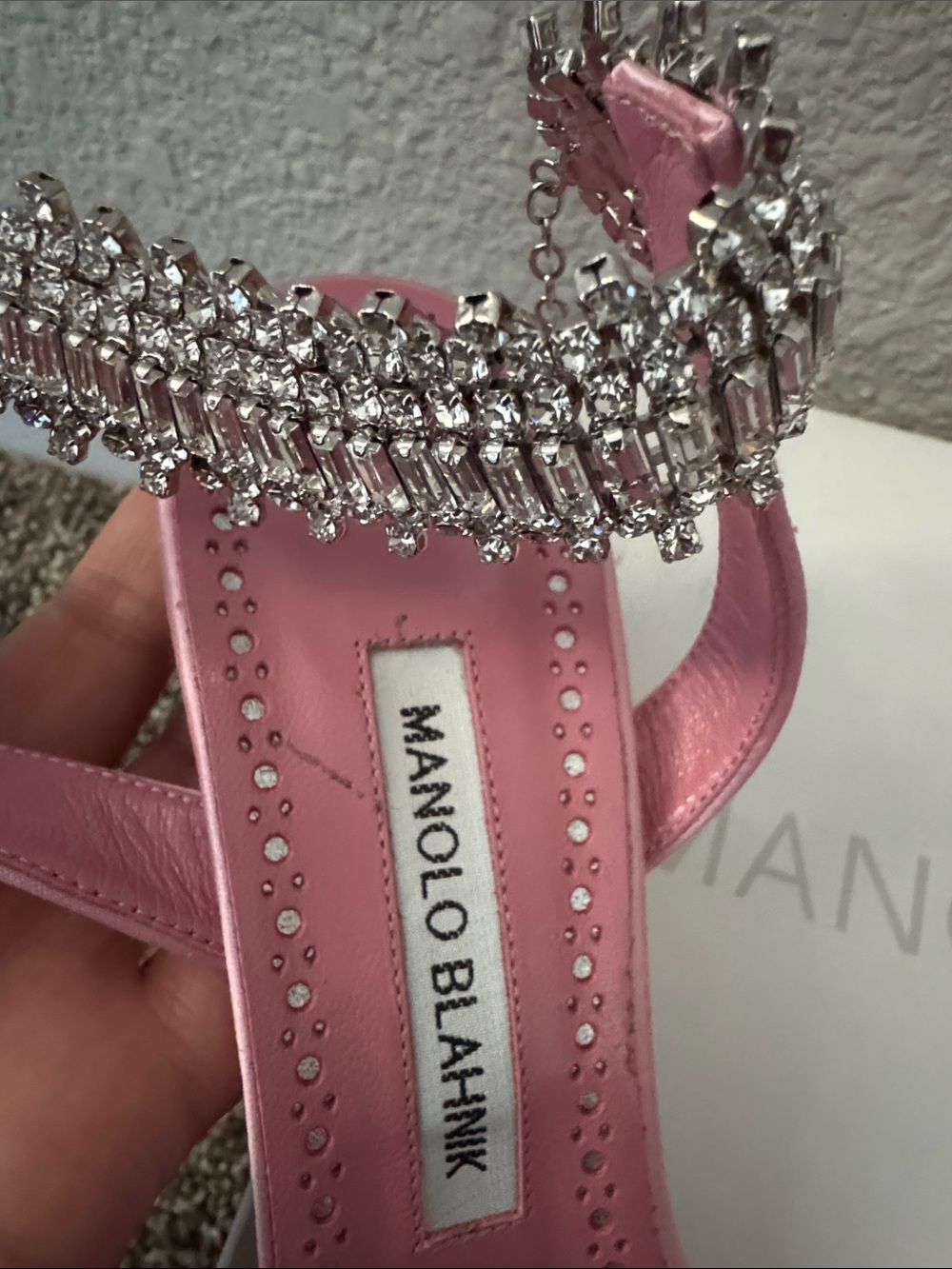 NIB Manolo Blahnik Parinasan Satin Heels 105 mm Size 38.5 Pink w/Crystal Strap - Picture 3 of 7